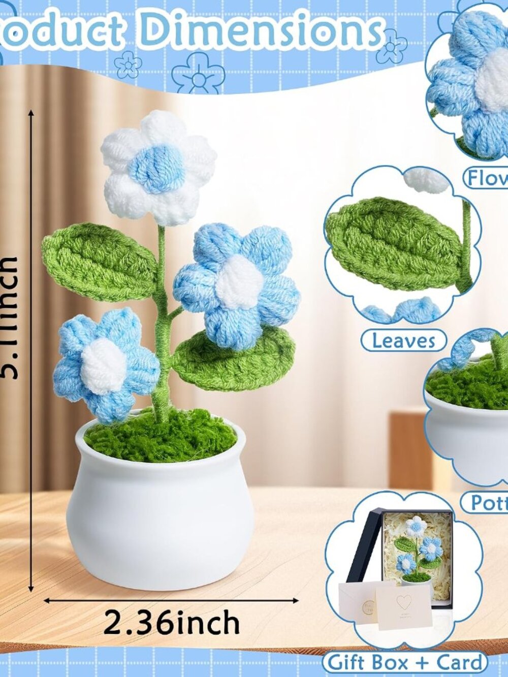 Blue Crochet Puff Flowers Potted Plants, Small Handmade Graduation Anniversary A - Picture 3 of 6